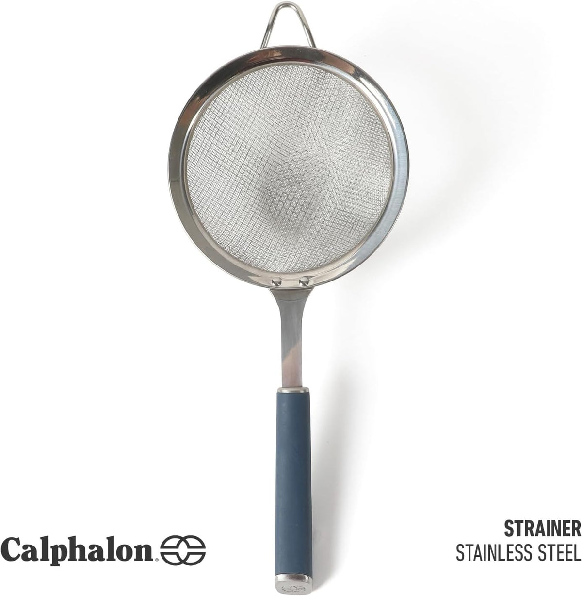 Calphalon Prime Edge 5-Inch Stainless Steel Strainer, Fine Mesh Kitchen Colander Strainer with Thermoplastic Rubber Handle, Sifter for Rinsing, Draining & Straining Food, Navy