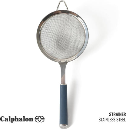 Calphalon Prime Edge 5-Inch Stainless Steel Strainer, Fine Mesh Kitchen Colander Strainer with Thermoplastic Rubber Handle, Sifter for Rinsing, Draining & Straining Food, Navy