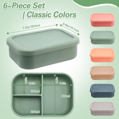 Honeydak 6 Pcs Silicone Bento Box Reusable Silicone Bento Lunch Container for Adults Microwave Dishwasher Freezer Safe 3 Compartment (Light Colors)