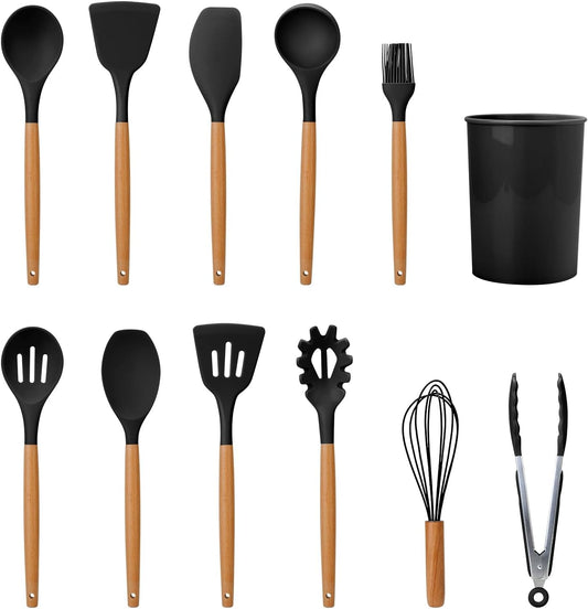 11-Piece Heat-Resistant Silicone Utensil Set with Wooden Handles & Holder — Spatula, Ladle, Tongs, Spaghetti Server, Whisk, Spoon, Carbon-Steel Core, Nonstick-Safe Kitchen Tools