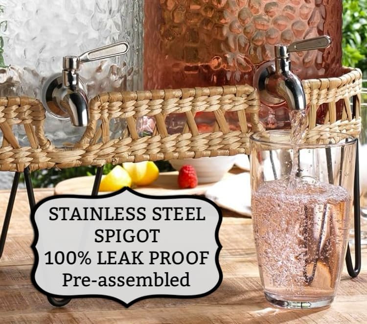 3 Gallon Glass Drink Dispenser with Metal Stand & Lid – Hammered Beverage Dispenser with Leakproof Spigot, Wide Mouth for Easy Fill – Ideal for Parties, Lemonade, Iced Tea, Sangria & More