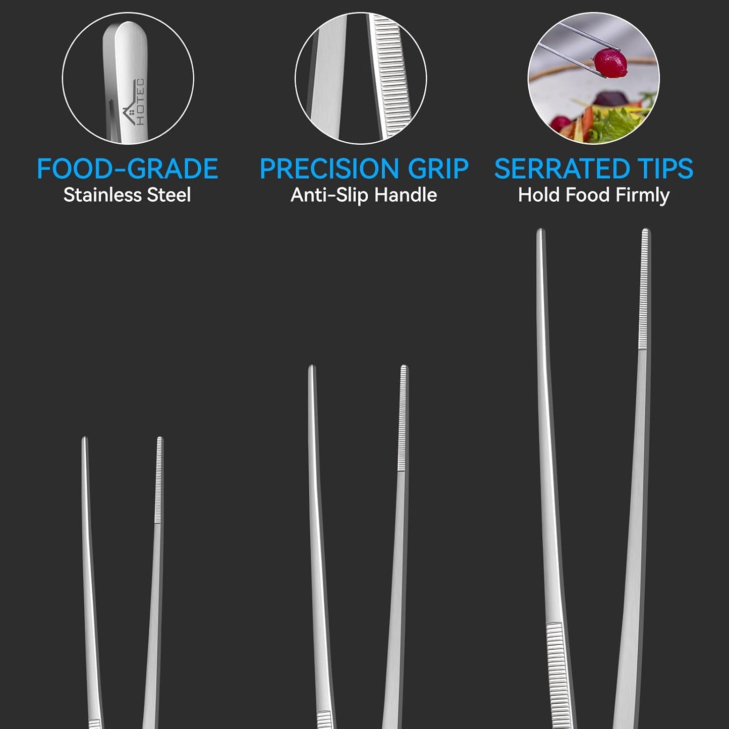 HOTEC Kitchen Tweezers Tongs Stainless Steel Professional Chef Tweezers, Set of 3-6.3", 10" and 12inch Food Tongs for Cooking, Repairing, Dessert, BBQ, Meat, Pasta