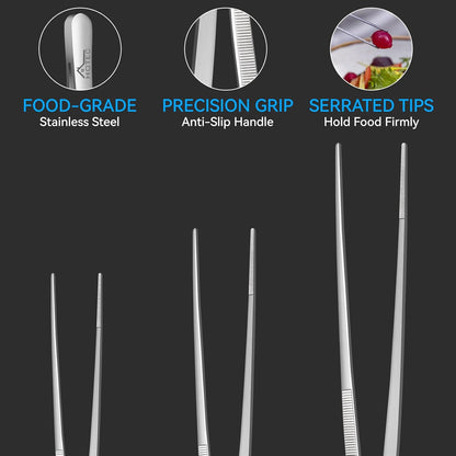 HOTEC Kitchen Tweezers Tongs Stainless Steel Professional Chef Tweezers, Set of 3-6.3", 10" and 12inch Food Tongs for Cooking, Repairing, Dessert, BBQ, Meat, Pasta