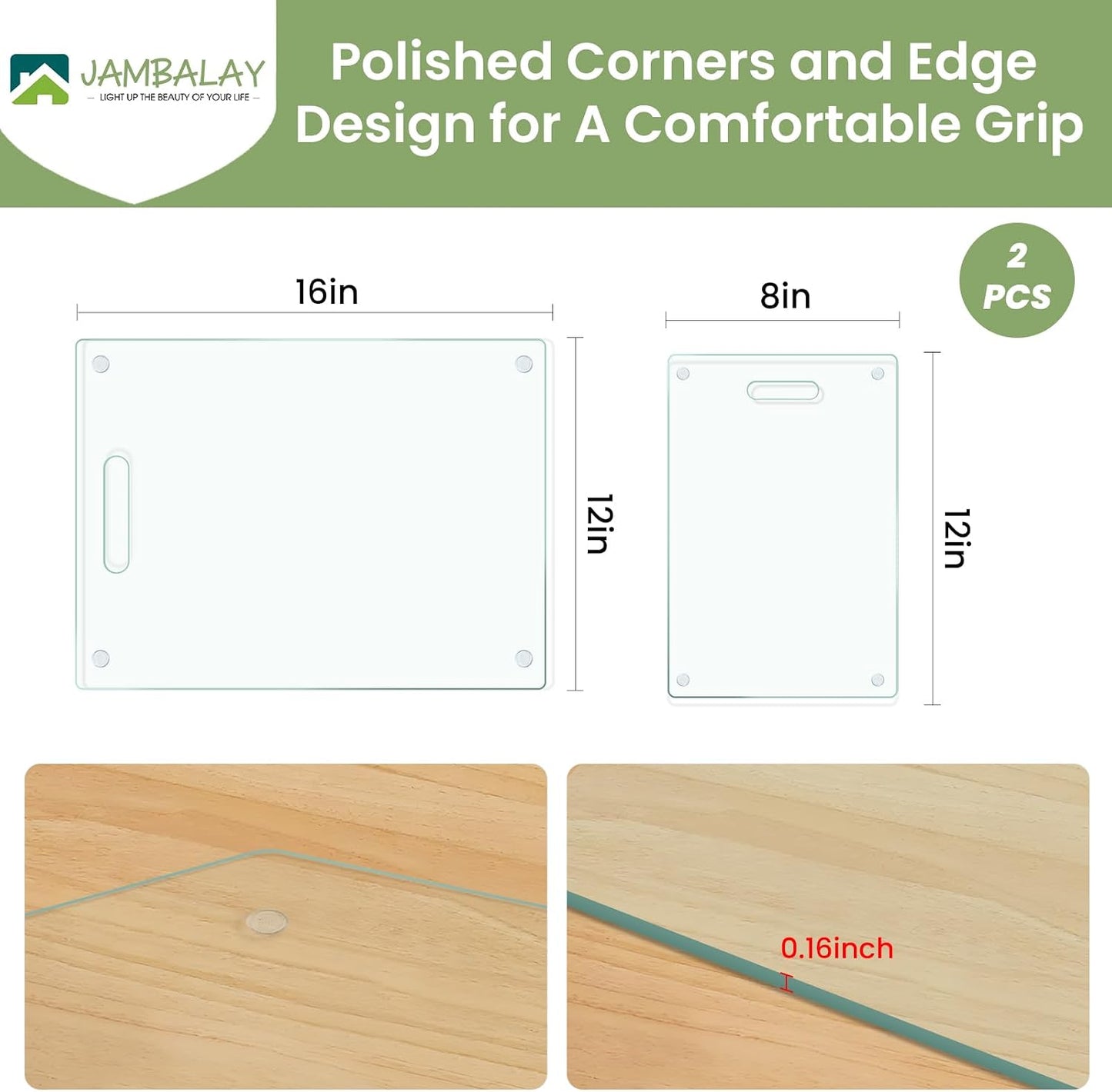 JAMBALAY Tempered Glass Cutting Boards for Kitchen, 16"x12" Clear Glass Cutting Board Set, 2Pcs Chopping Board with Rubber Non Slip Feet, Heat Resistant, Shatter Resistant, Dishwasher Safe