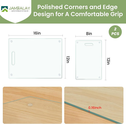 JAMBALAY Tempered Glass Cutting Boards for Kitchen, 16"x12" Clear Glass Cutting Board Set, 2Pcs Chopping Board with Rubber Non Slip Feet, Heat Resistant, Shatter Resistant, Dishwasher Safe