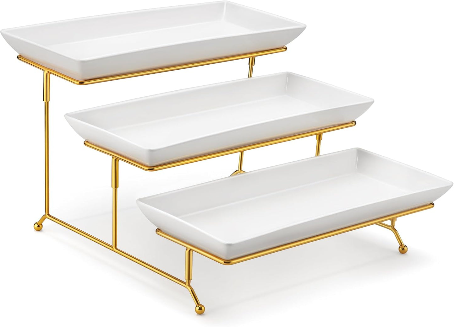 MALACASA 3 Tier Serving Trays for Party, Porcelain Serving Platters and Trays, 12 Inch Tiered Tray Stand, Fruit Tray, Trays for Serving Food, White Dessert Stand with Collapsible Sturdier Metal Rack