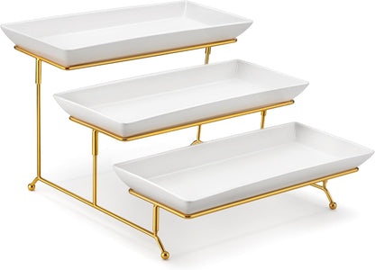 MALACASA 3 Tier Serving Trays for Party, Porcelain Serving Platters and Trays, 12 Inch Tiered Tray Stand, Fruit Tray, Trays for Serving Food, White Dessert Stand with Collapsible Sturdier Metal Rack