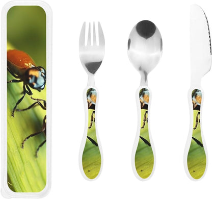 3-Piece Kids Silverware Set With Storage Case, Stainless Steel Reusable Children Safe Knife Spoon Fork Set Insects Love Children Flatware Set For Kids Lunch Box