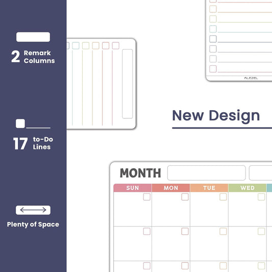 ALEZEL Magnetic Dry Erase Calendar for Fridge, Refrigerator Calendar Whiteboard Set - Monthly Planner with 2 List Boards, 4 Markers + Eraser, Colorful