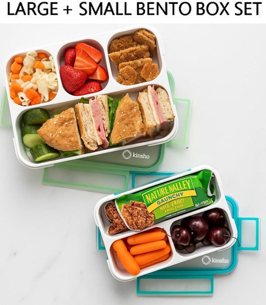 Bento Lunch Box for Kids or Adults, Snack Containers for Boys, Girls, School Daycare Work, 3 Divided Compartments Meal Planning Portion Control, BPA-Free Boxes, Utensils | Blue Purple 2 pack