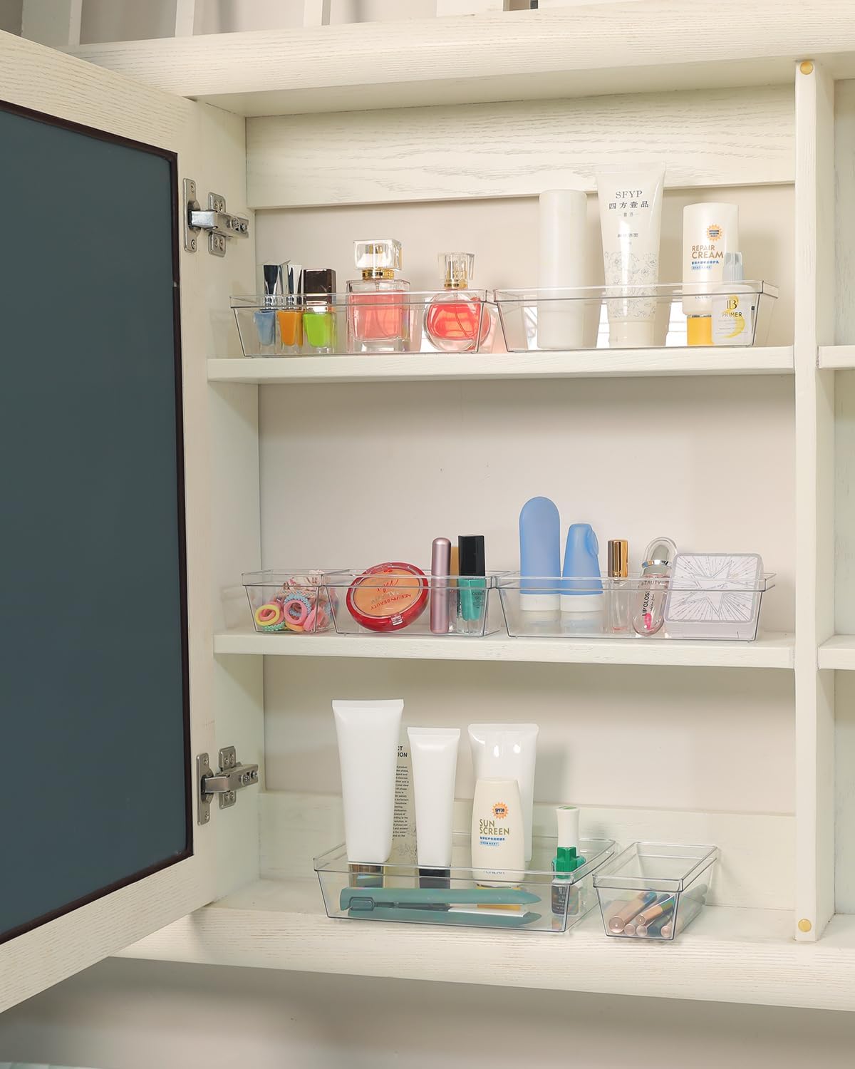 Clear Plastic Drawer Organizer Storage - 25Pcs 4 Size Desk Bathroom Kitchen Organizers and Accessories Office Organization, Vanity Stackable Drawers Bins Trays Containers Dividers Makeup Sets