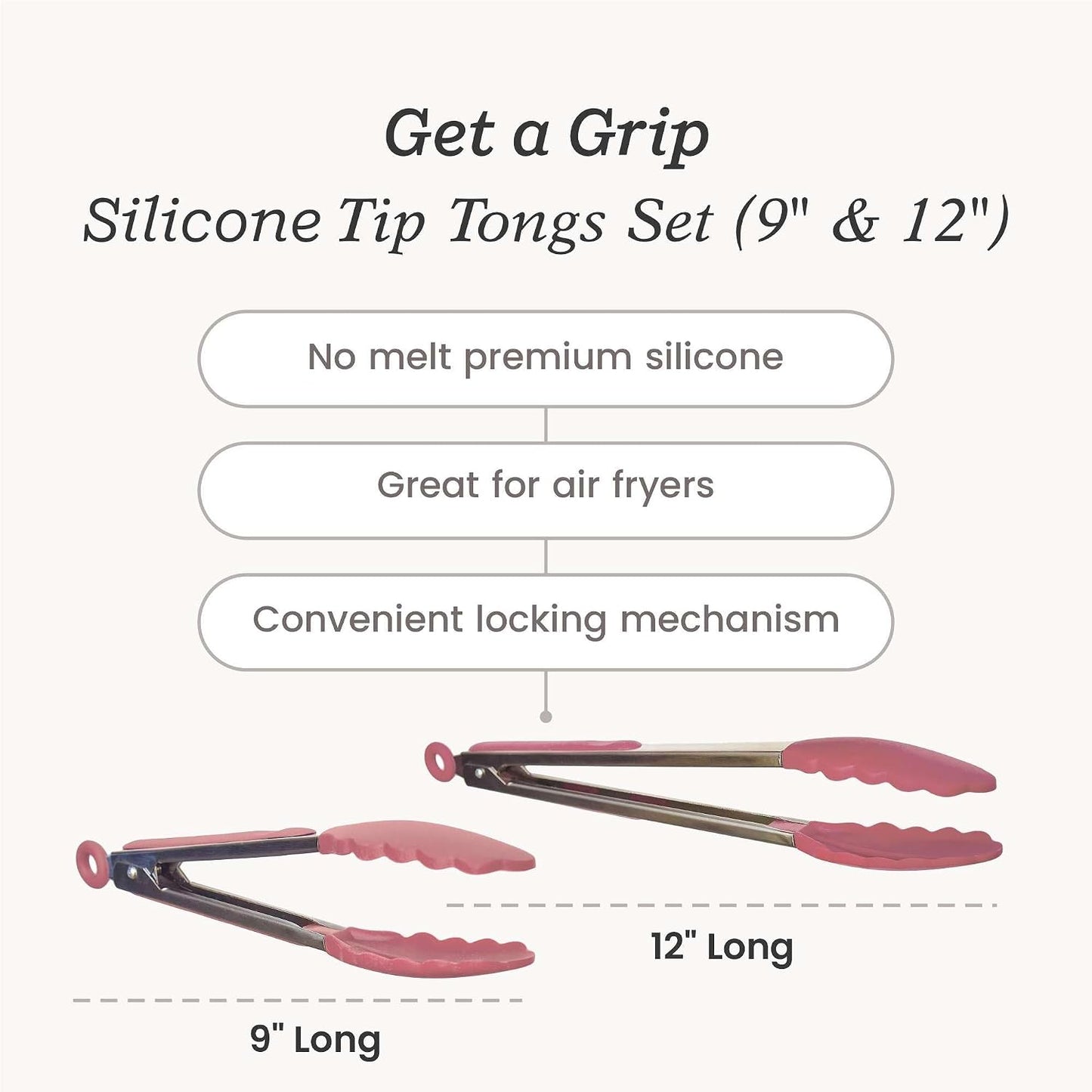 StarPack Premium Silicone Kitchen Tongs Set of 2 (9-Inch & 12-Inch) - Stainless Steel with Non-Stick Silicone Tips, High Heat Resistant to 480°F, For Cooking, Serving, Grill, BBQ & Salad (Cherry Red)