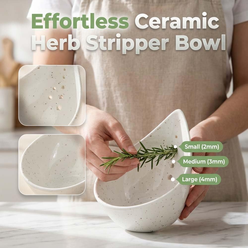 Herb Stripper Bowl, 2026 NEW Ceramic Herb Peeling Bowl with Multi-Size Holes, Pottery Leaf Stripping Tool for Kitchen, Fast Herb Removal for Kale, Basil, Rosemary, Cilantro, Parsley (Black)