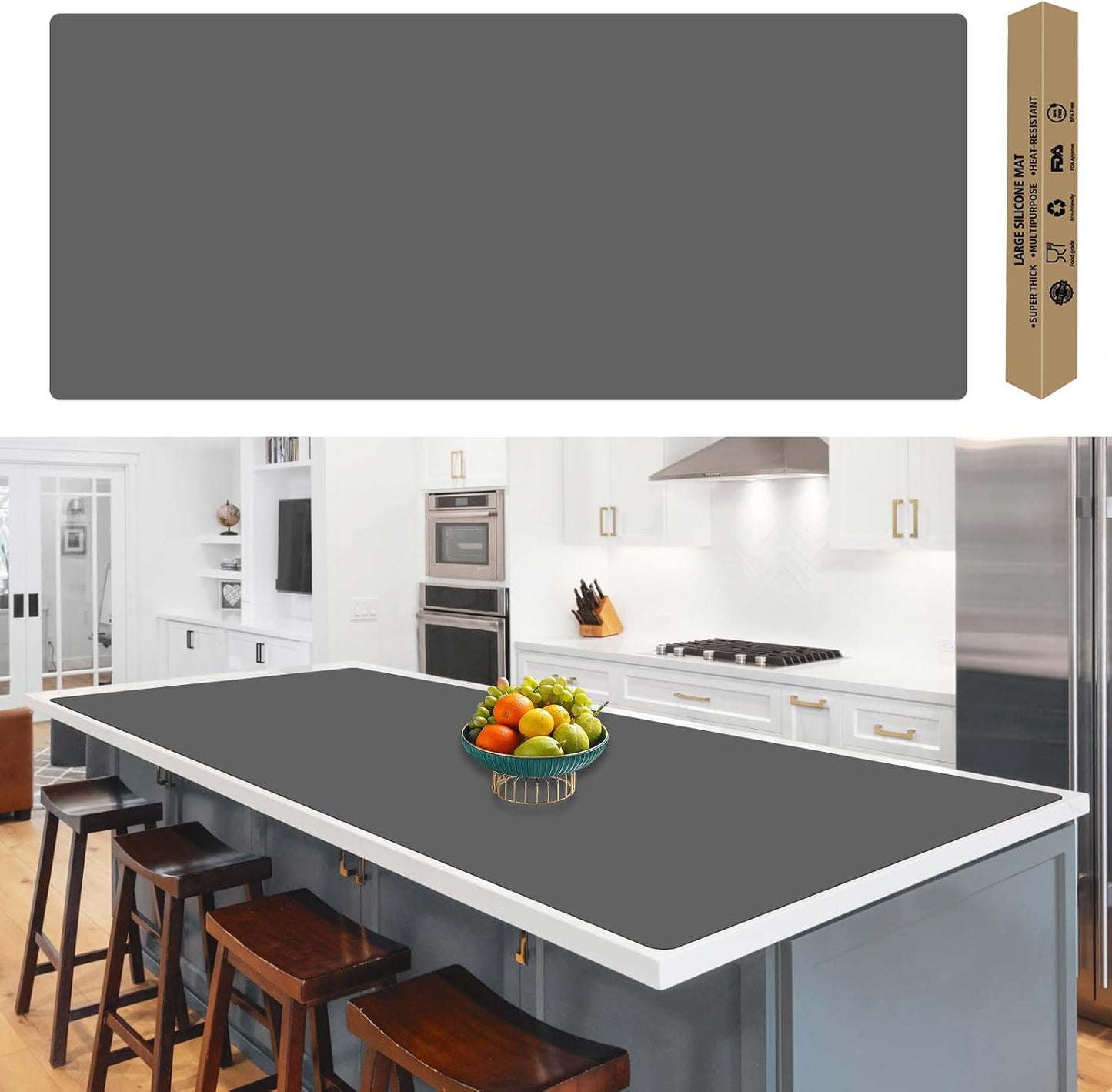 72''x16'' Extra Large Silicone Mat for Kitchen Counter, Heat Resistant Countertop Protector, Non-Slip Waterproof Kitchen Island Mat, Easy to Clean, Light Gray