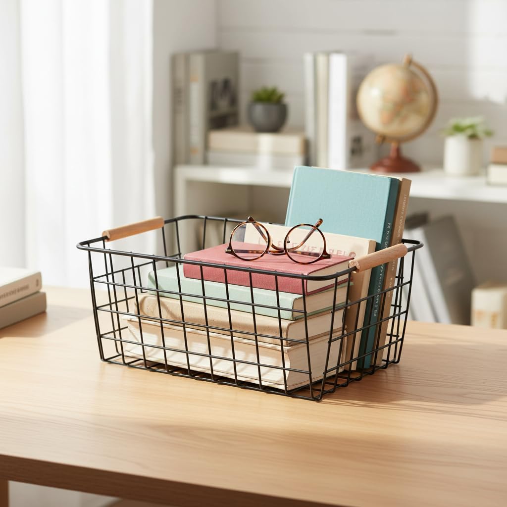 Metal White Wire Basket,Food Storage Organizer with Wooden Handles, pantry organizers and storage for Organizing Kitchen Cabinets potato onion, 2 Packs