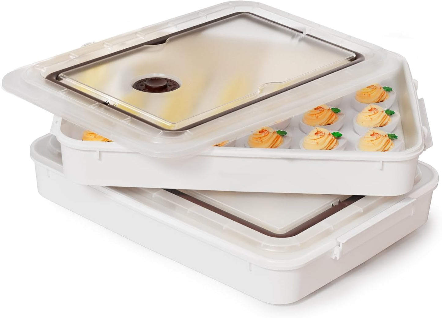77L Deviled Egg Containers with Lid (Set of 2), Plastic Deviled Egg Tray Carrier with Handle for 48 Eggs, Clear Storage Egg Platter for Deviled Eggs, Easter Party Fridge Stackable Portable Egg Holder
