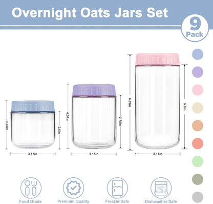 Overnight Oats Containers with Lids, 10oz Wide Mouth Mason Jars with Lids, 9 Pack Glass Jars with Airtight lid for Chia Pudding Yogurt Salad, Meal Prer Oatmeal Jars, Pink