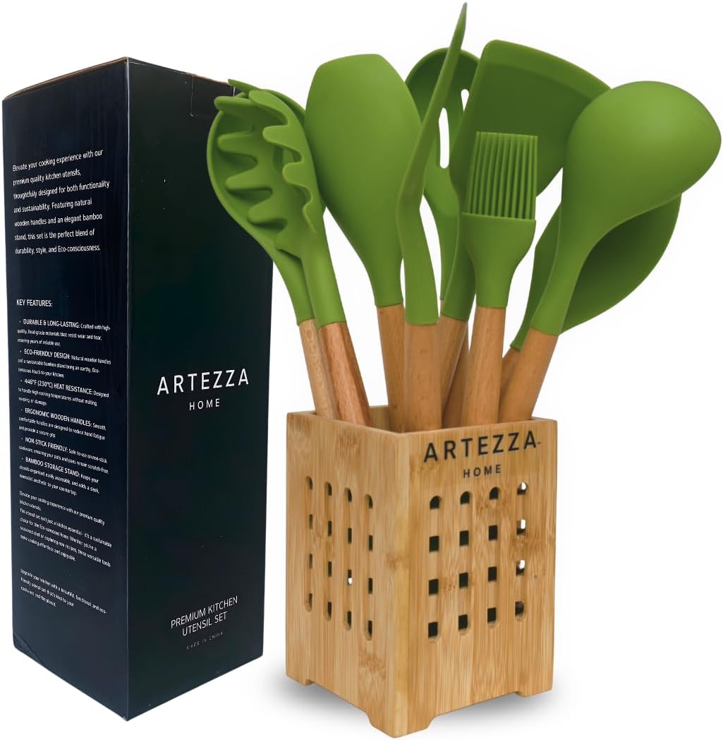 Green Silicone Kitchen Utensil Set – 10-Piece Cooking Tools with Wooden Handles & Ventilated Bamboo Holder, Heat-Resistant Silicone, Nonstick Safe, BPA-Free Kitchen Gadgets Set – Sage Green