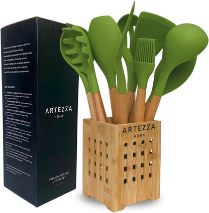 Green Silicone Kitchen Utensil Set – 10-Piece Cooking Tools with Wooden Handles & Ventilated Bamboo Holder, Heat-Resistant Silicone, Nonstick Safe, BPA-Free Kitchen Gadgets Set – Sage Green