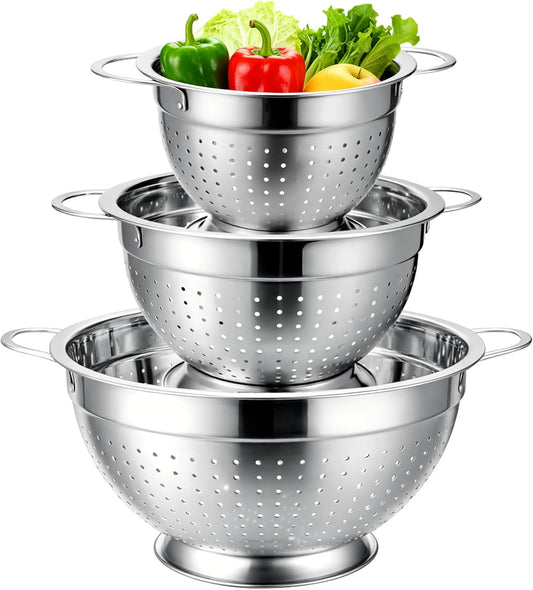 Palksky Stainless Steel Colander Set with Self-Draining Base, 3 Sizes Colanders & Food Strainers for Pasta, Rice, Fruits & Veggies, Metal Colander with Draining Plate for Sink or Countertop