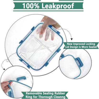 HOMBERKING 8 Pack Glass Meal Prep Containers 3 Compartment, 36oz Glass Food Storage Containers with Lids, Airtight Glass Lunch Bento Boxes, BPA-Free & Leak Proof (8 lids & 8 Containers) - Blue