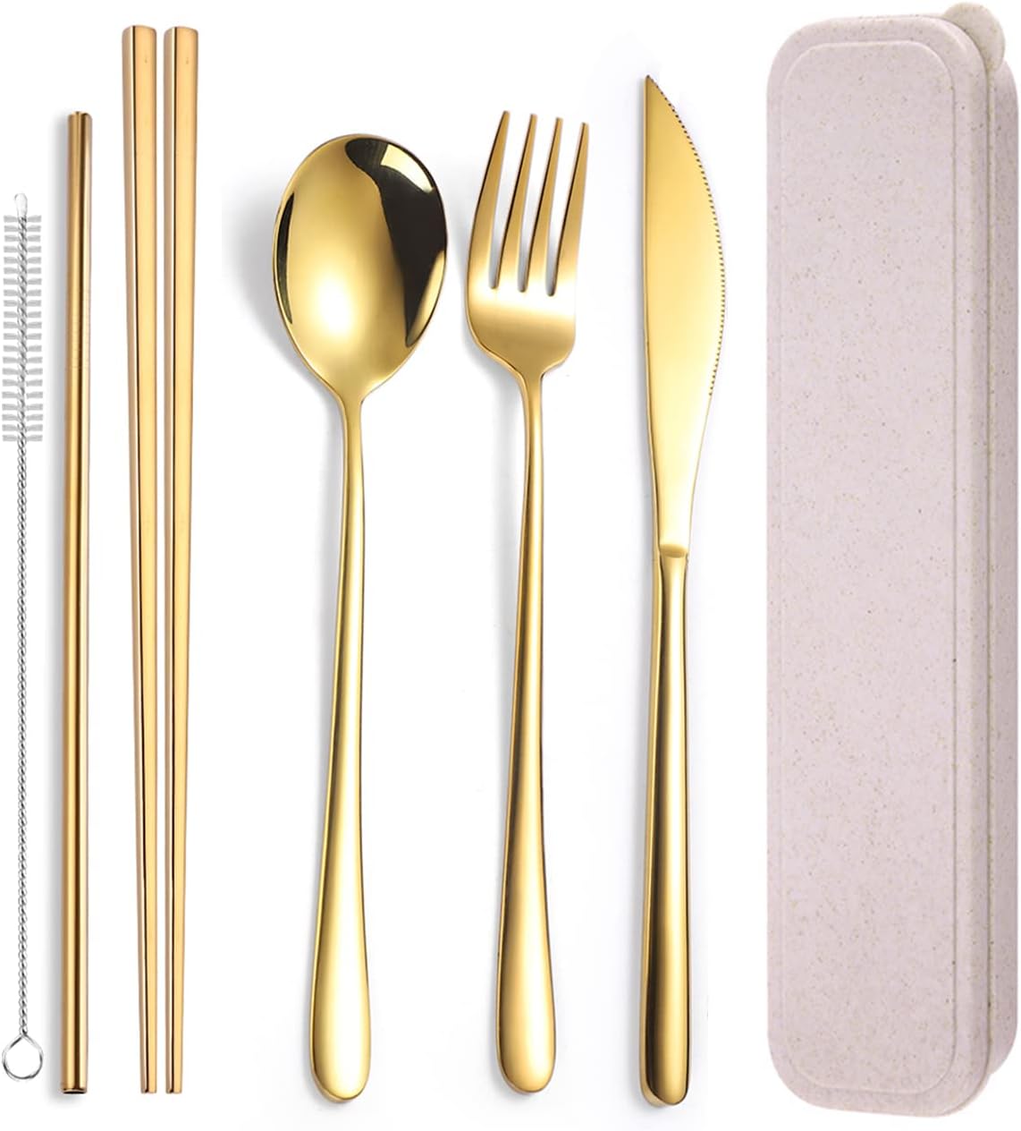 AARAINBOW 6 Pieces 18/8 Stainless Steel Flatware Set Portable Reusable Cutlery Set Travel Utensils Set Including Chopsticks Knife Fork Spoon Straws Cleaning Brush Dishwasher Safe (Green golden)