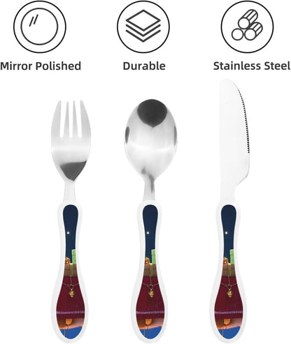 3-Piece Kids Silverware Set With Storage Case, Stainless Steel Reusable Children Safe Knife Spoon Fork Set Chinese Celadon Peacock Children Flatware Set For Kids Lunch Box