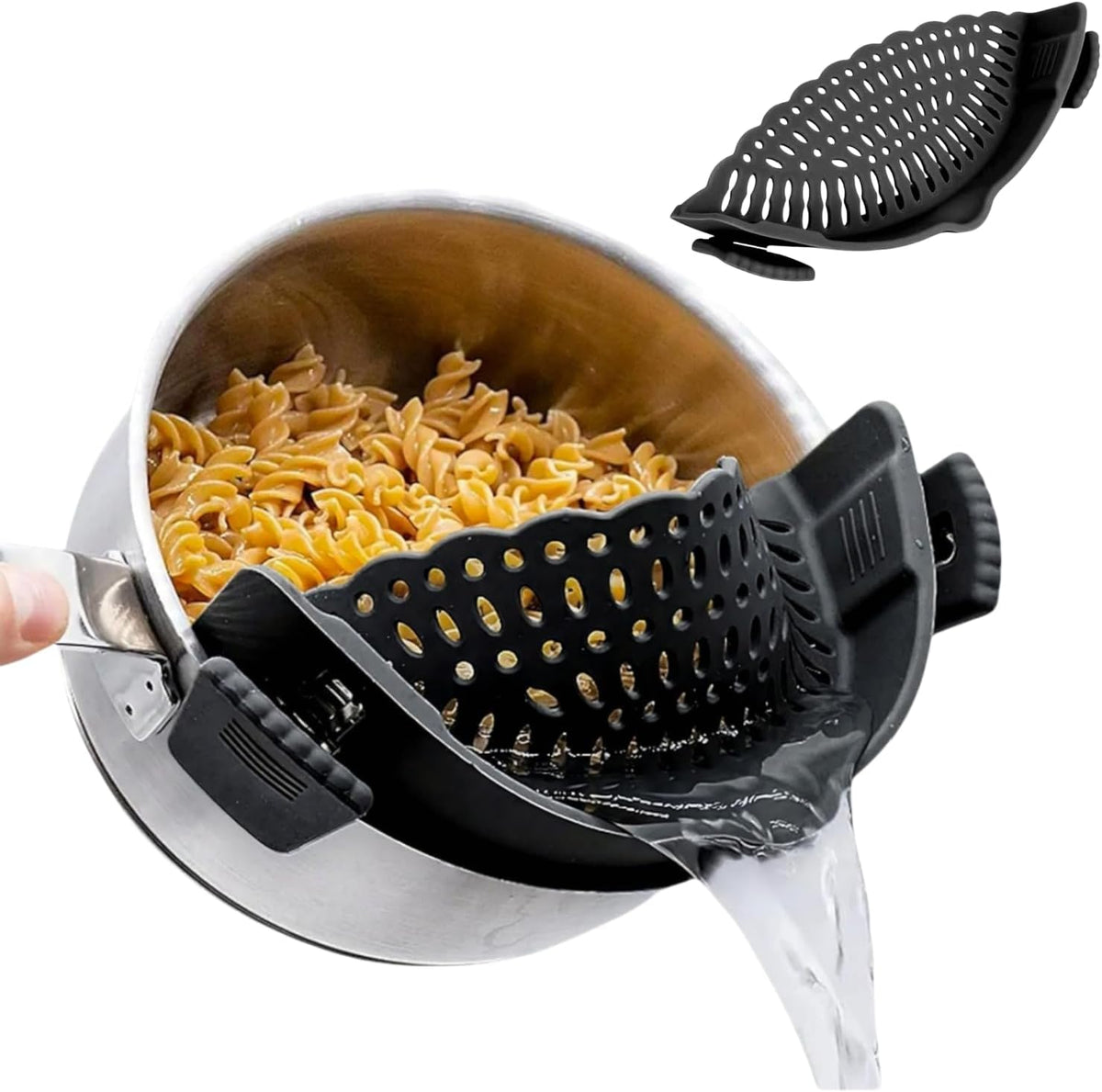Clip On Strainer Silicone for All Pots and Pans, Pasta Strainer Clip on Food Strainer for Meat Vegetables Fruit Silicone Kitchen Colander (Black)