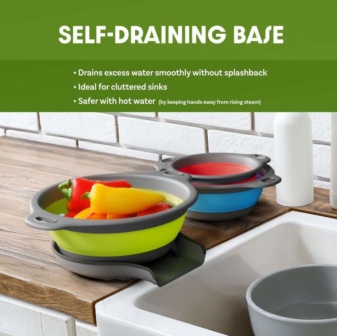 Gevoli 3-Pack Collapsible Colanders with Self-Draining Base, Over Sink-edge Silicone Food Strainers, Small/Med/Large Sizes, Nesting for Easy Compact Storage (3Qt, 4Qt, 5-Quart Set) Green/Gray