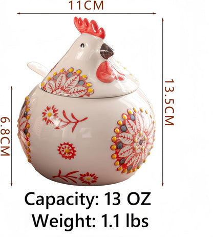 Ceramic Chicken Salt Cellar with Lid and Spoon, 13 OZ Chicken Decor, Blue