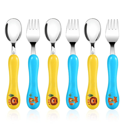 Lehoo Castle 6 Pieces Toddler Utensils, Kids Silverware for 2 3 4 Years Old, Stainless Steel Fork and Spoon Set with Plastic Handle, Safe Toddler Cutlery (Dinosaur)