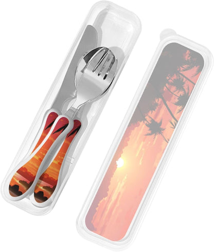 3-Piece Kids Silverware Set With Storage Case, Stainless Steel Reusable Children Safe Knife Spoon Fork Set Tropical Sunset Seaside Children Flatware Set For Kids Lunch Box