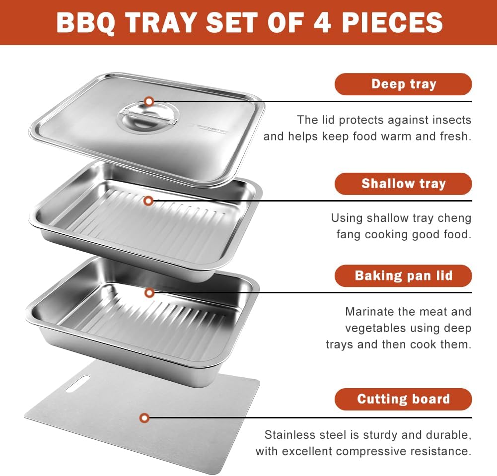 Grilling Prep and Serve Tays Set of 4, Stainless Steel Large Food Prep Tray, Grill Carry System, Marinade Container with Lid and Cutting Board, BBQ Grill Accessories (Color:Sliver)