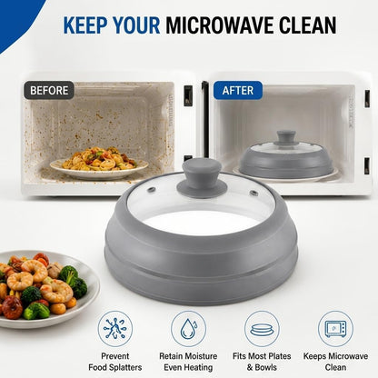 Microwave Splatter Cover for Food, 10.5" Glass Microwave Cover with Collapsible Silicone Rim, Food Grade Microwave Plate Cover, Splash Guard with Cool-Touch Handle, Dishwasher Safe