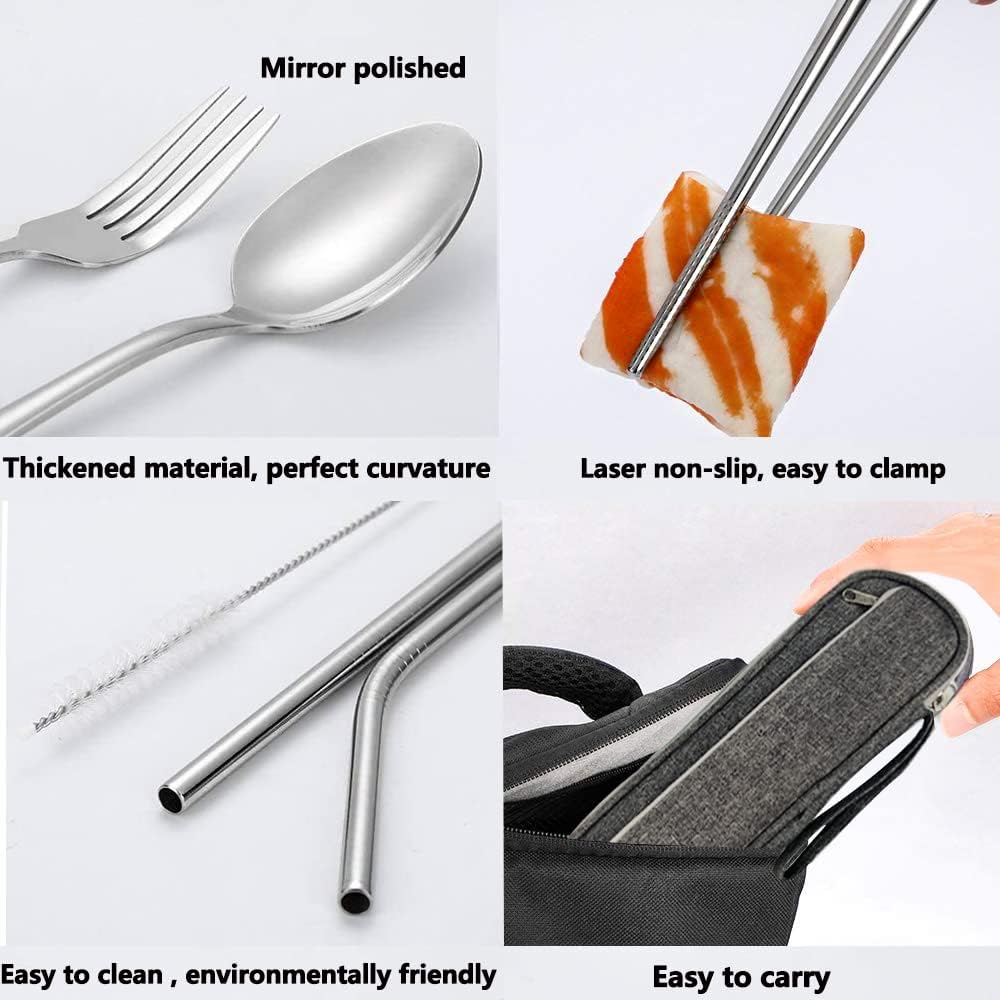 Portable Reusable Travel Utensils Silverware With Case, Camping Cutlery Set, Chopsticks and Straw, Flatware With Case, Stainless Steel Top (Silver)