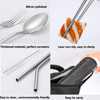 Portable Reusable Travel Utensils Silverware With Case, Camping Cutlery Set, Chopsticks and Straw, Flatware With Case, Stainless Steel Top (Silver)