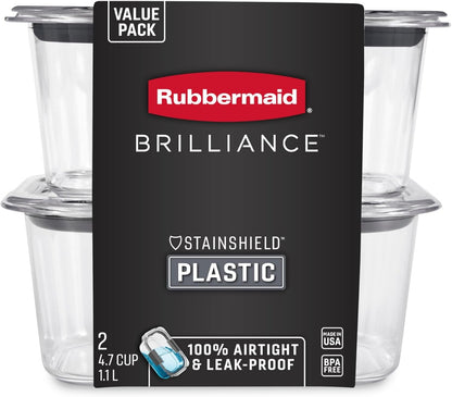 Rubbermaid Brilliance BPA Free Airtight Food Storage Containers with Lids, Set of 4 (4.7 Cup) Ideal for Lunch, Meal Prep, and Leftovers