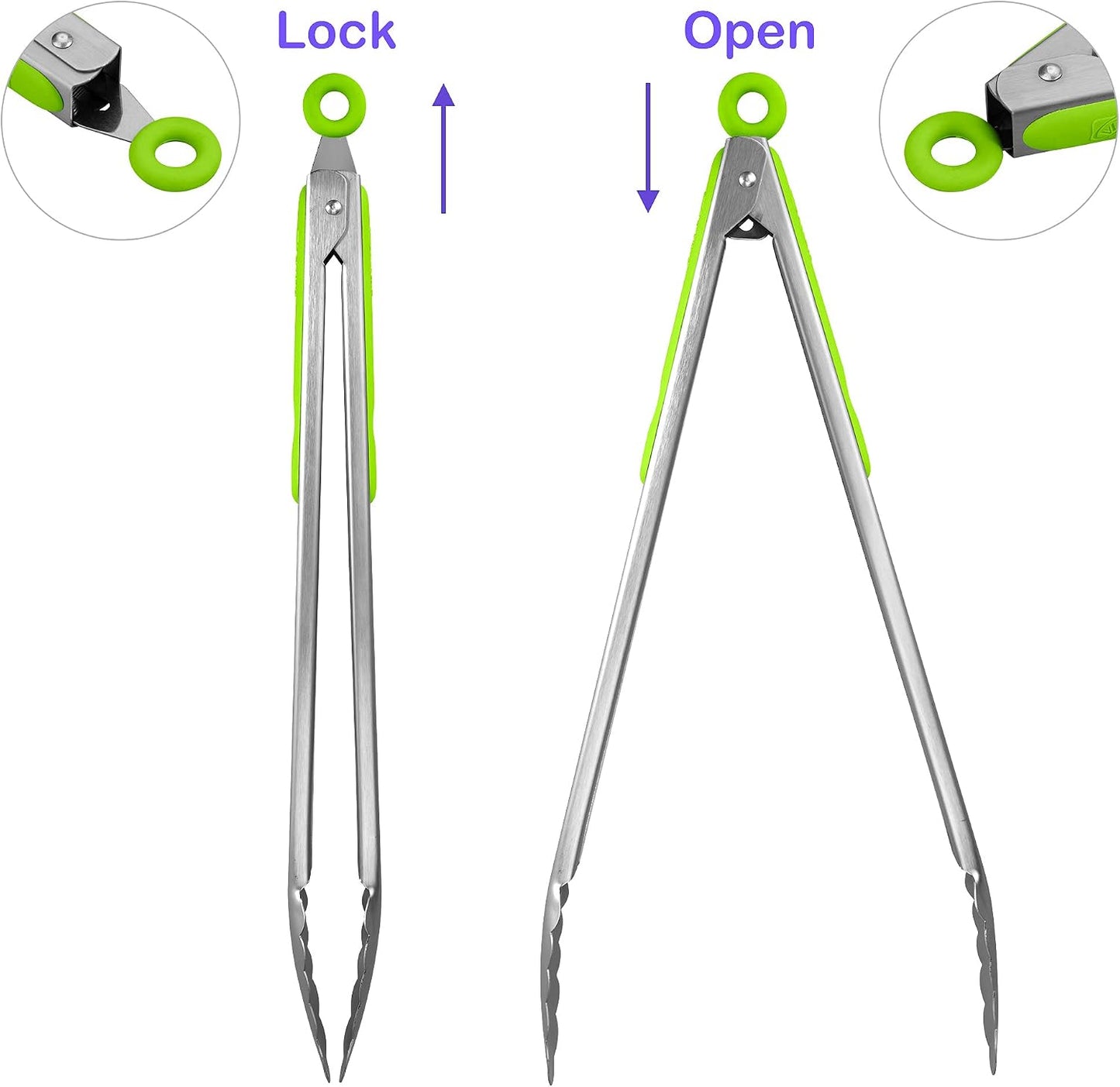 304 Stainless Steel Kitchen Cooking Tongs, 9" and 12" Set of 2 Sturdy Grilling Barbeque Brushed Locking Food Tongs with Ergonomic Grip, Black