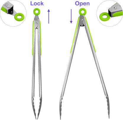 304 Stainless Steel Kitchen Cooking Tongs, 9" and 12" Set of 2 Sturdy Grilling Barbeque Brushed Locking Food Tongs with Ergonomic Grip, Black