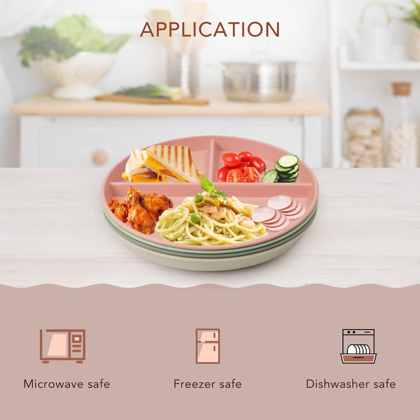 greenandlife 9 Inch 4PCS Portion Control Plates with Lids, Divided Plates for Kids Adults, Dishwasher Microwave Safe Compartment Plate, Unbreakable Lightweight Reusable Wheat Straw Plate, Earth Tone