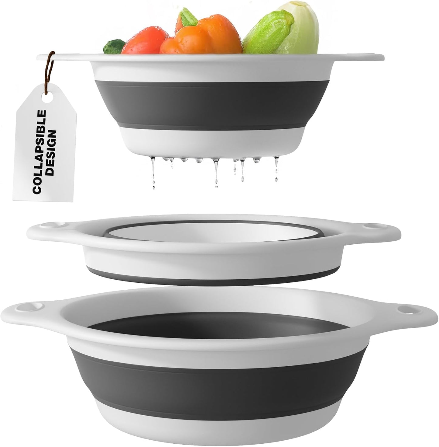 Gevoli 3-Pack Collapsible Colanders with Self-Draining Base, Over Sink-edge Silicone Food Strainers, Small/Med/Large Sizes, Nesting for Easy Compact Storage (3Qt, 4Qt, 5-Quart Set) Green/Gray