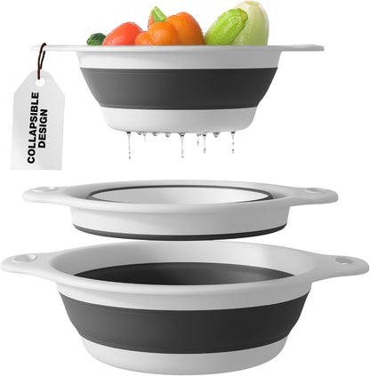 Gevoli 3-Pack Collapsible Colanders with Self-Draining Base, Over Sink-edge Silicone Food Strainers, Small/Med/Large Sizes, Nesting for Easy Compact Storage (3Qt, 4Qt, 5-Quart Set) Green/Gray