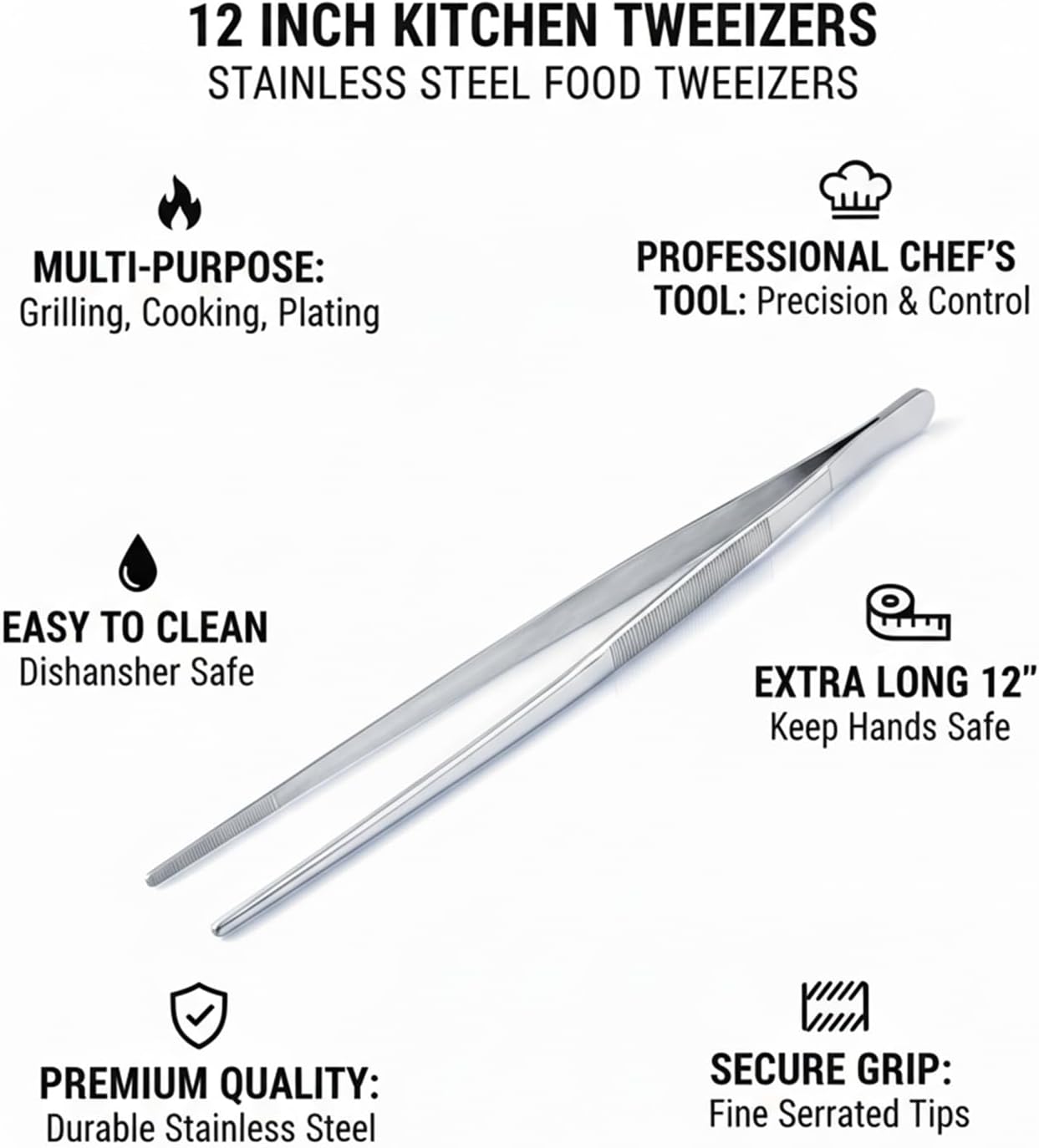 12 Inch Stainless Steel Precision Kitchen Tweezers - Professional Chef-Grade Food Tongs for Cooking, Plating, and Grilling - Fine Serrated Tips for Secure Grip
