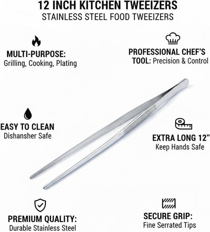 12 Inch Stainless Steel Precision Kitchen Tweezers - Professional Chef-Grade Food Tongs for Cooking, Plating, and Grilling - Fine Serrated Tips for Secure Grip