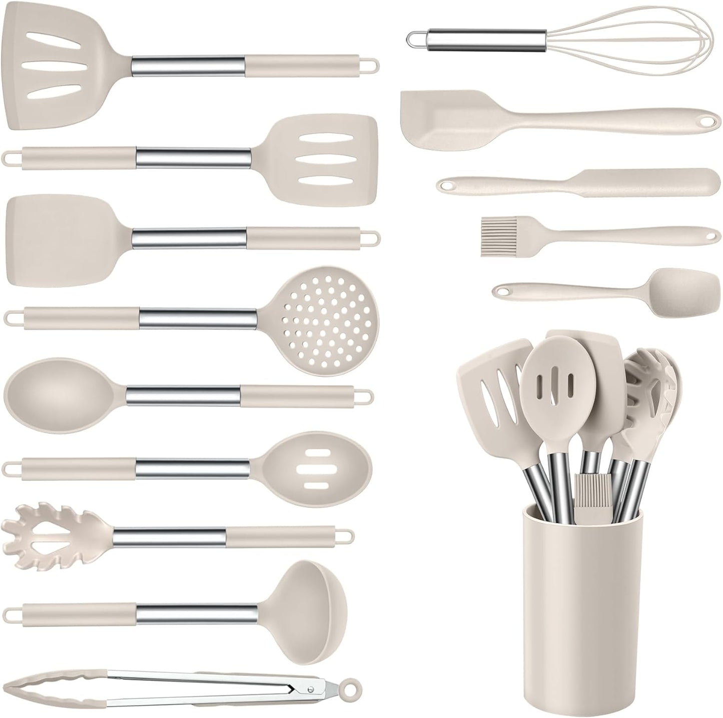 Onader Kitchen Utensils Set, 15 Pcs Silicone Cooking Utensils Set with Holder and Heat Resistant Stainless Steel Handle for Nonstick Cookware - Black
