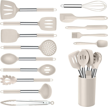Onader Kitchen Utensils Set, 15 Pcs Silicone Cooking Utensils Set with Holder and Heat Resistant Stainless Steel Handle for Nonstick Cookware - Black