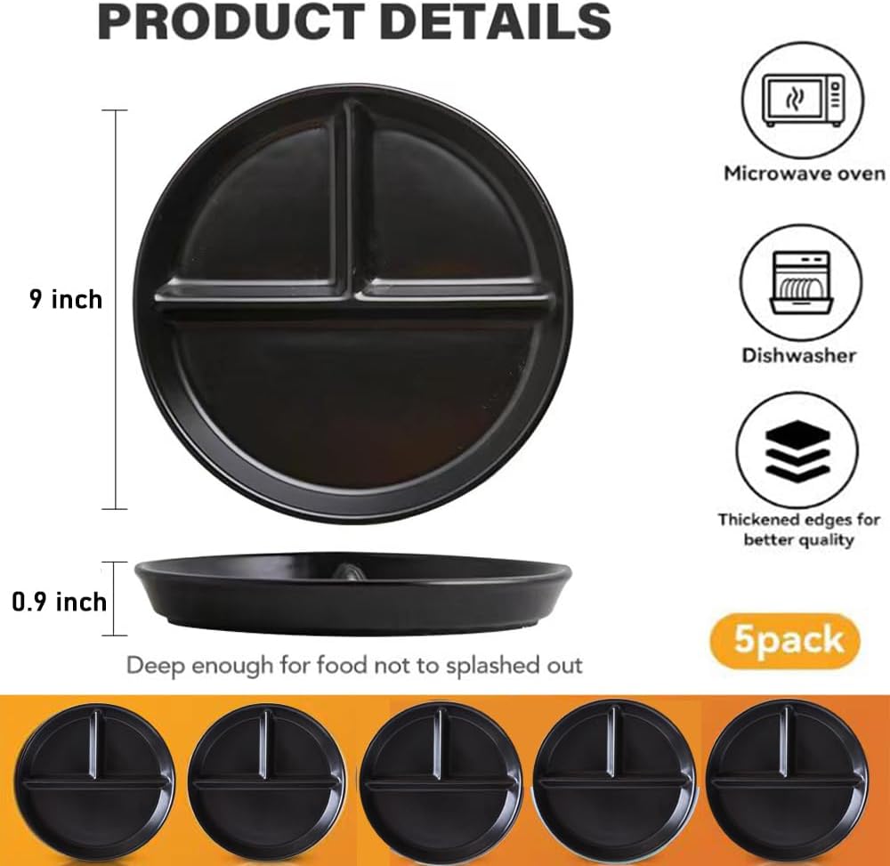 LRUUIDDE (5 Pack) Portion Control Plate for Balanced Eating, 9" Unbreakable Divided Plates,3 Compartment Plates, Reusable Plastic Plates, BPA Free for Adults