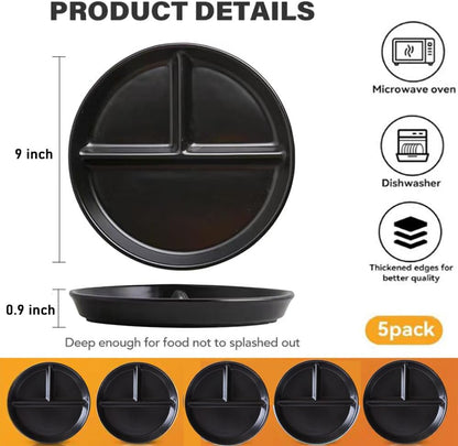 LRUUIDDE (5 Pack) Portion Control Plate for Balanced Eating, 9" Unbreakable Divided Plates,3 Compartment Plates, Reusable Plastic Plates, BPA Free for Adults