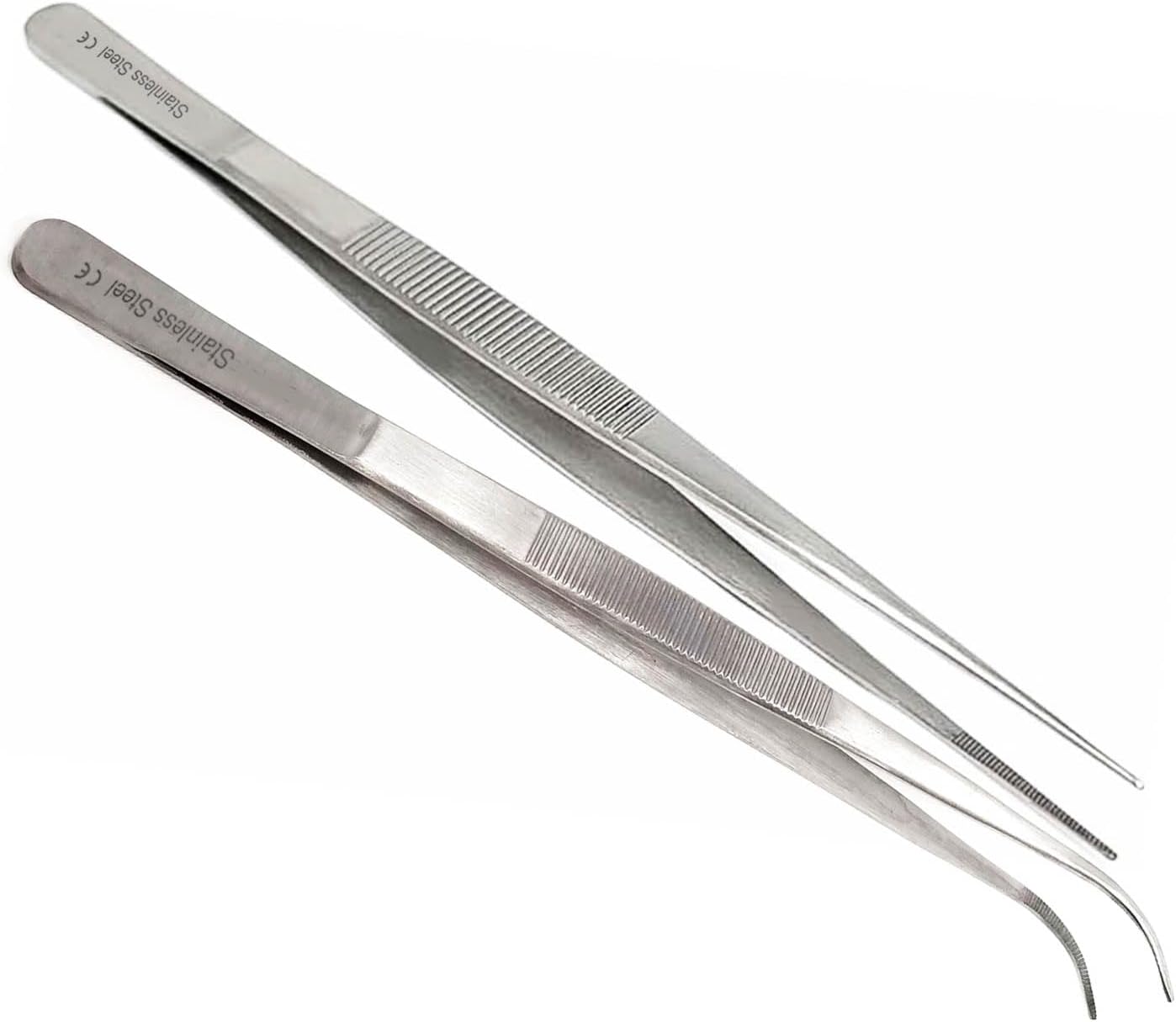 A2Z Cooking Tweezer Straight and Curved Tong Set, Tongs Precision Serrated Tips, Stainless Steel Professional Chef Tweezer Kitchen Tools for BBQ, Plating and Serving (Set of 2-10")