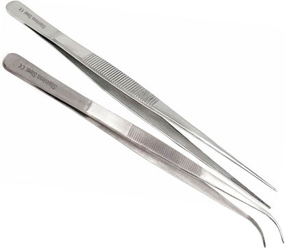 A2Z Cooking Tweezer Straight and Curved Tong Set, Tongs Precision Serrated Tips, Stainless Steel Professional Chef Tweezer Kitchen Tools for BBQ, Plating and Serving (Set of 2-10")